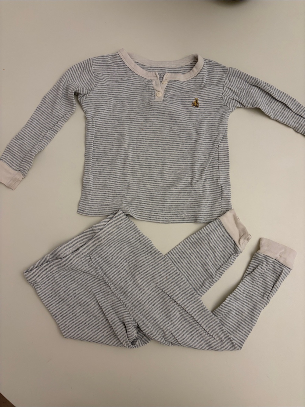 GAP Gray and White Striped Kids Pajama Set with Penguin Patch